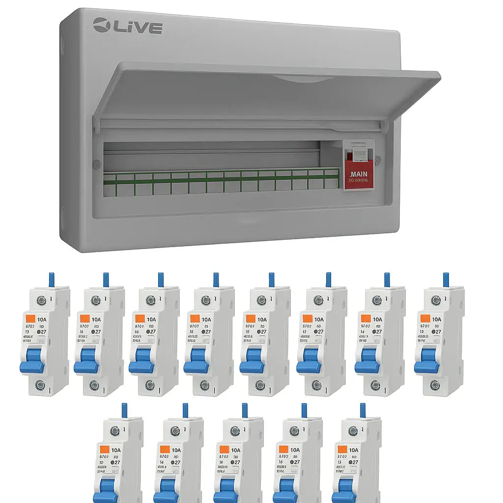 Live Electrical 18-way metal consumer unit with lid open showing fitted SPD and main switch, displayed alongside thirteen individual RCBO circuit breakers