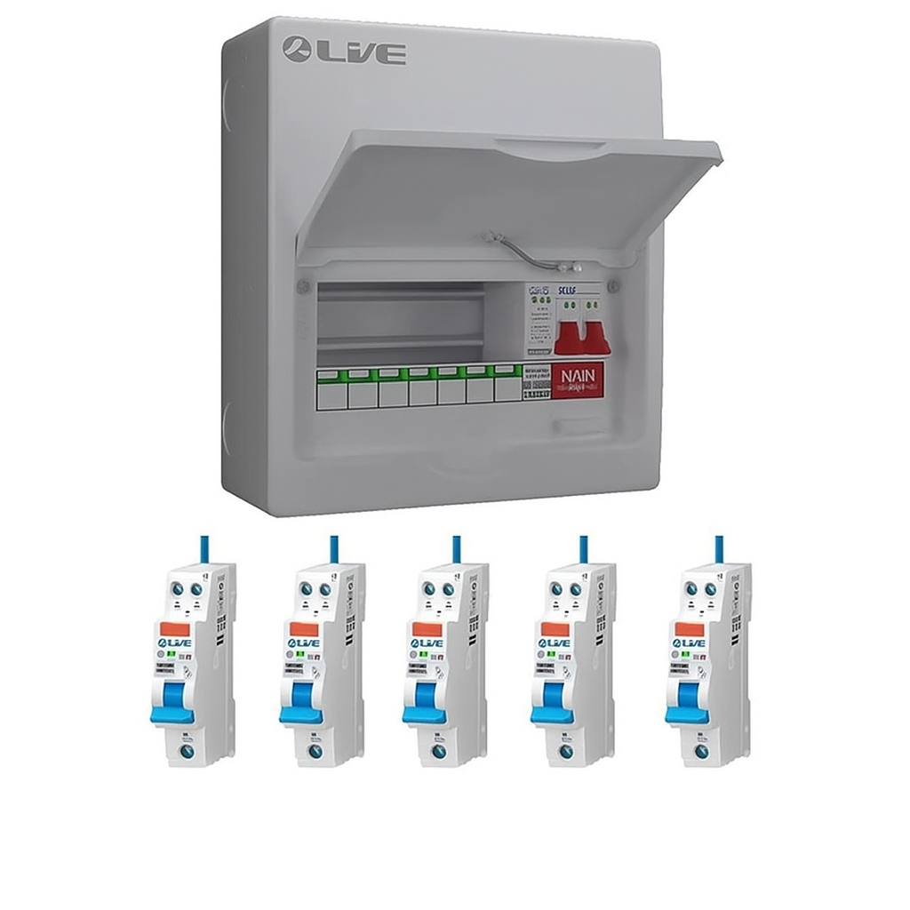 Live Electrical 10 Way 100A Main Switch DP SPD Populated with 5 RCBO's Consumer Unit (7 useable ways) - LSMC10M-SP