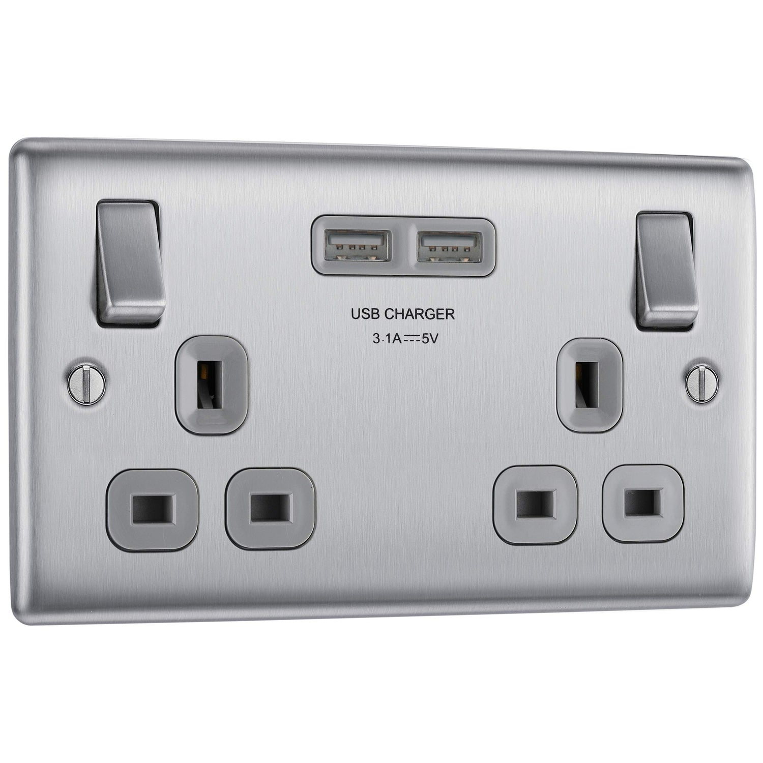 BG NBS22U3G Double Switched 13A Power Socket + 2 x USB (3.1A)