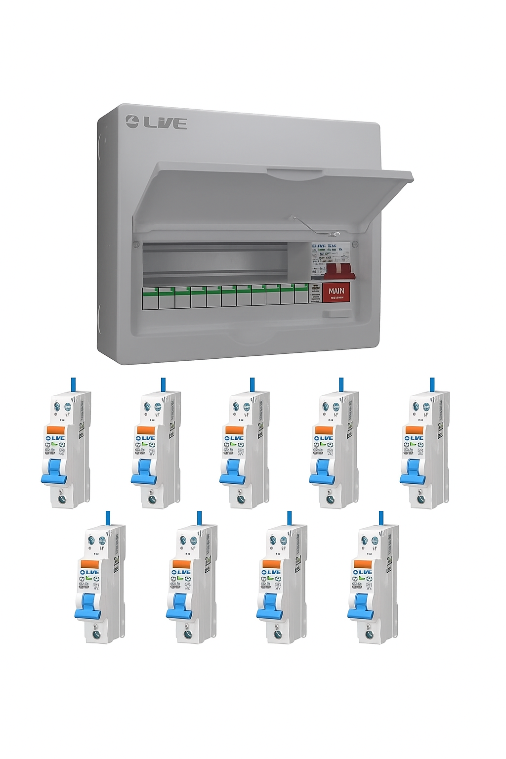 Live Electrical 14-Way Metal 100A Main Switch DP SPD Populated with 9 RCBO's Consumer Unit (11 Useable Ways) - LSMC14M-SP