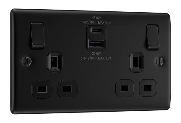 BG NFB22UAC45B-01 Nexus Metal Matt Black, 13A Double Switched Socket with USB A + C 45W, Black Inserts