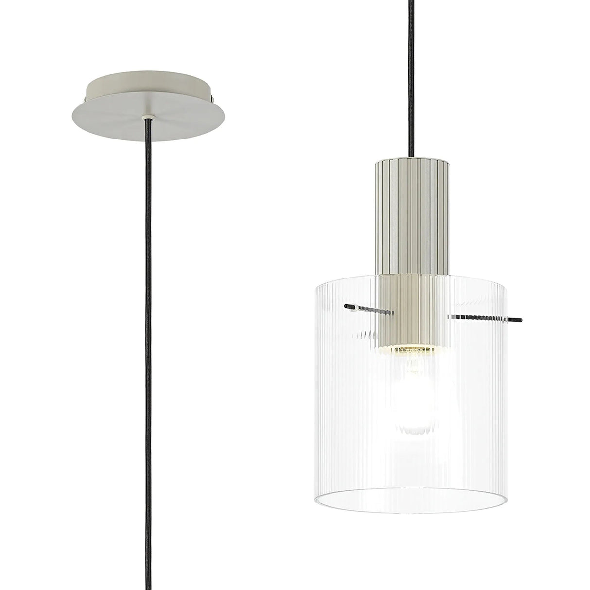 Aouchiche Single Pendant, 1 Light Adjustable E27, Beige Stone/Clear Narrow Line Glass
