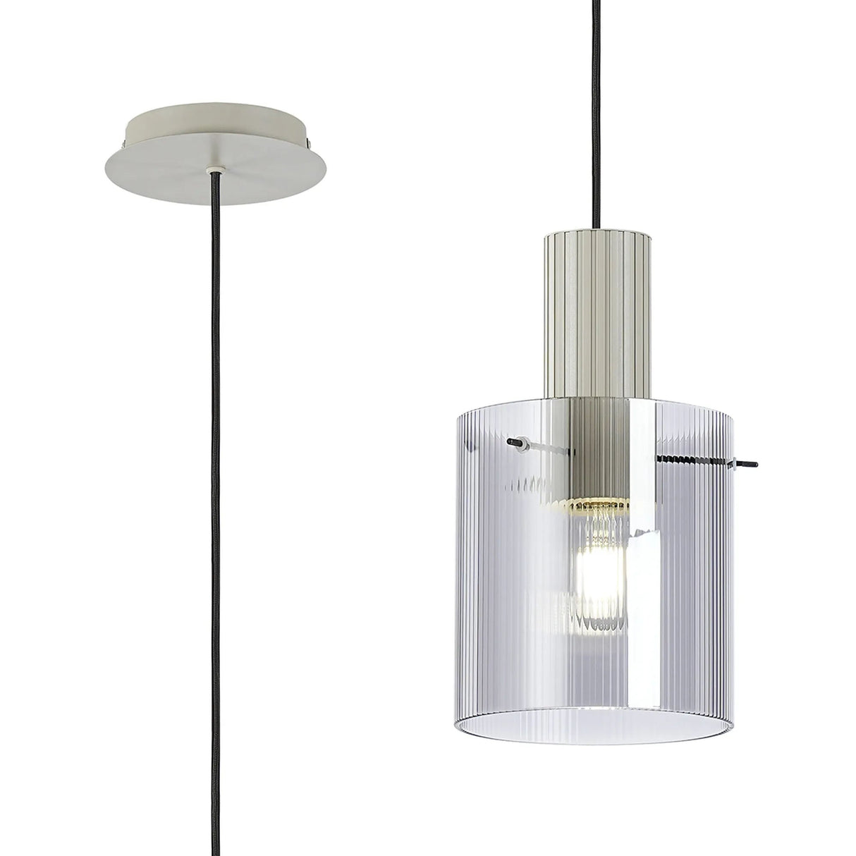 Aouchiche Single Pendant, 1 Light Adjustable E27, Beige Stone/Smoke Narrow Line Glass