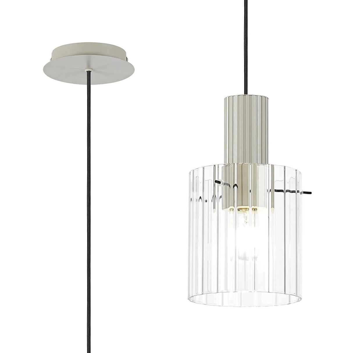 Aouchiche Single Pendant, 1 Light Adjustable E27, Beige Stone/Clear Wide Line Glass