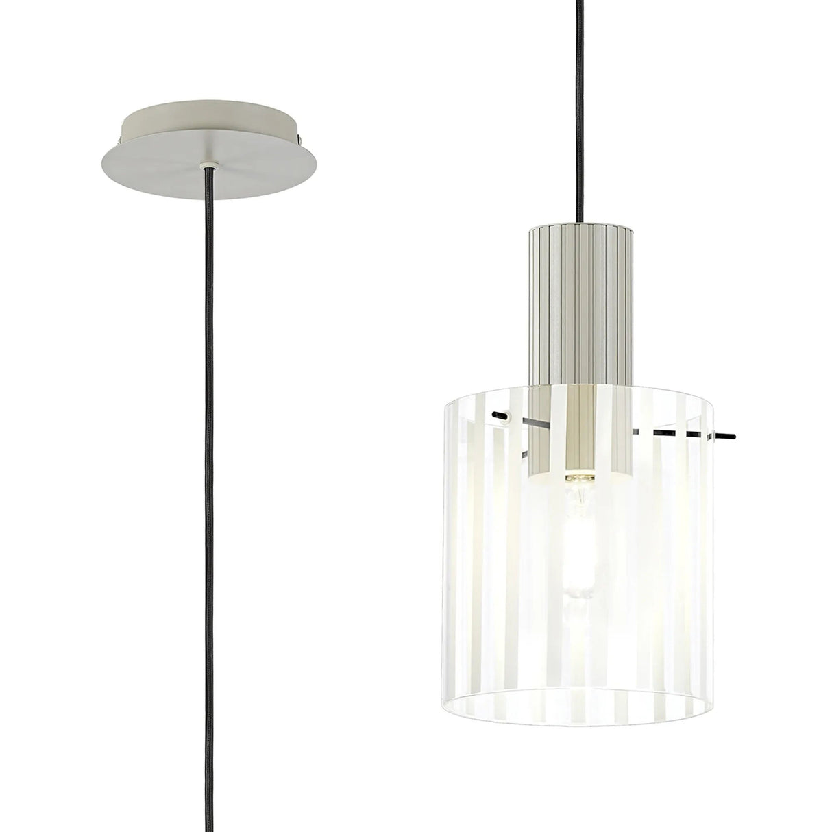 Aouchiche Single Pendant, 1 Light Adjustable E27, Beige Stone/Frosted/Clear Wide Line Glass