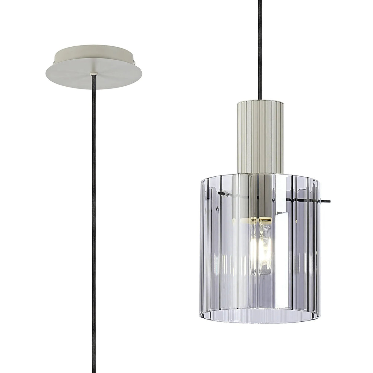 Aouchiche Single Pendant, 1 Light Adjustable E27, Beige Stone/Smoke Wide Line Glass