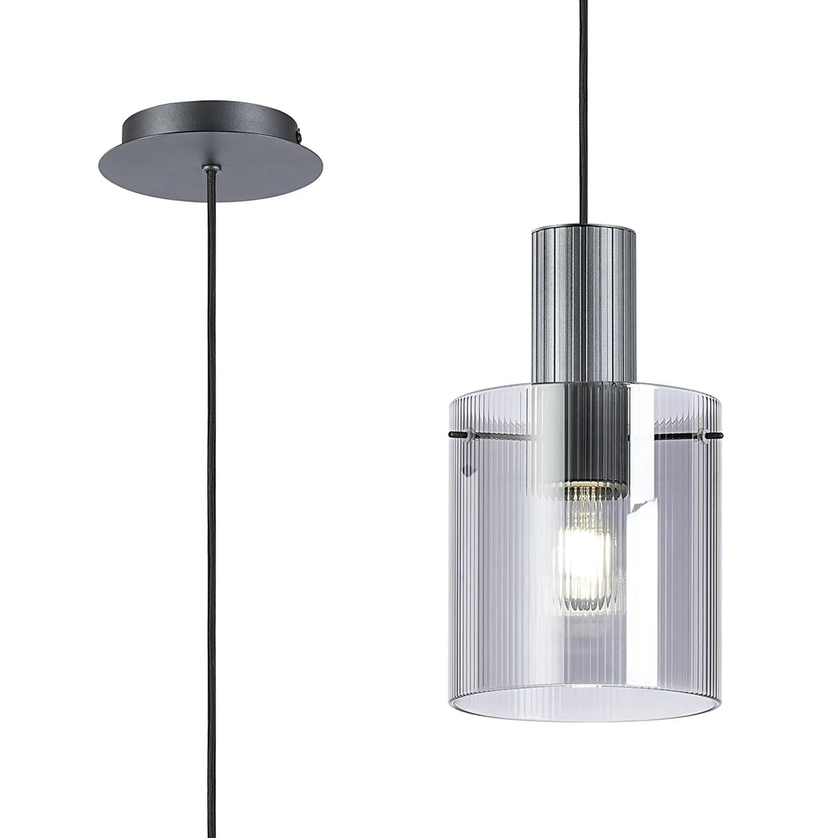 Aouchiche Single Pendant, 1 Light Adjustable E27, Dark Grey/Smoke Narrow Line Glass