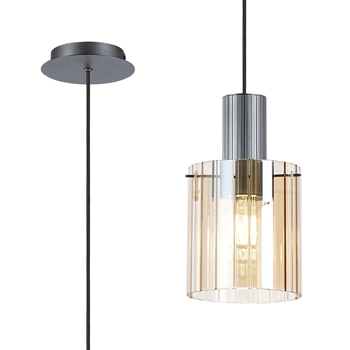 Aouchiche Single Pendant, 1 Light Adjustable E27, Dark Grey/Amber Wide Line Glass