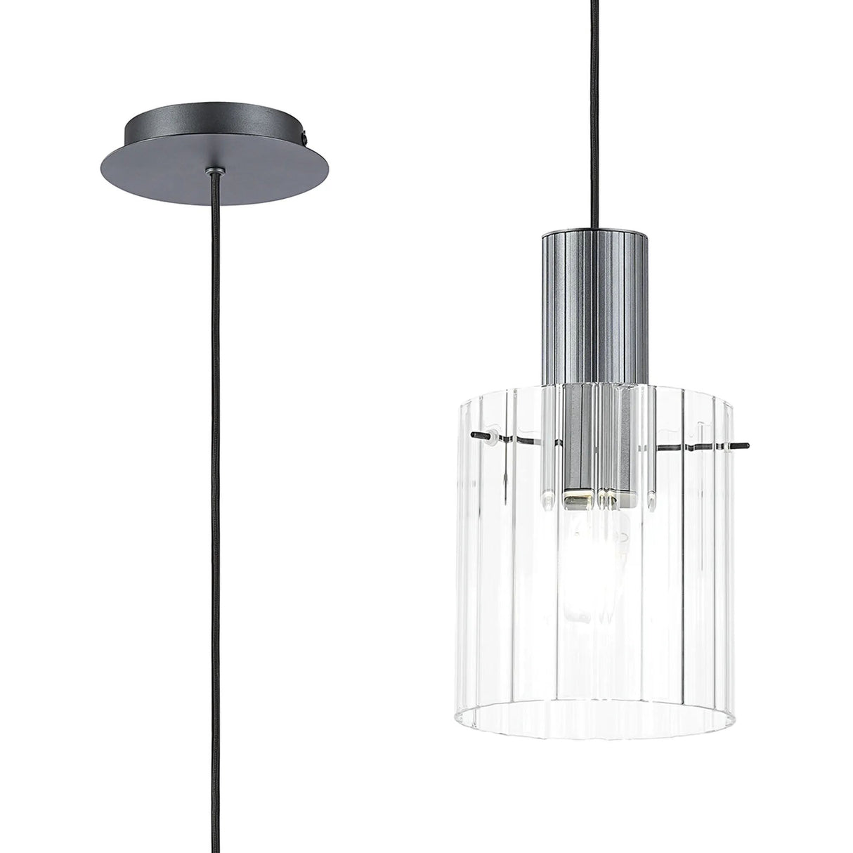 Aouchiche Single Pendant, 1 Light Adjustable E27, Dark Grey/Clear Wide Line Glass