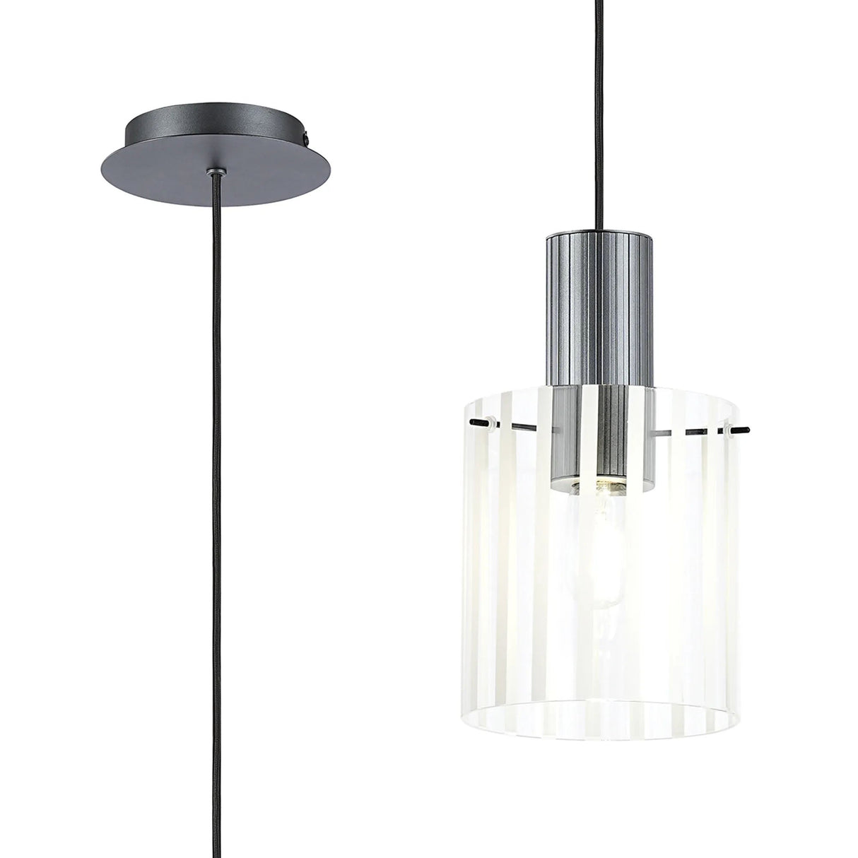 Aouchiche Single Pendant, 1 Light Adjustable E27, Dark Grey/Frosted/Clear Wide Line Glass