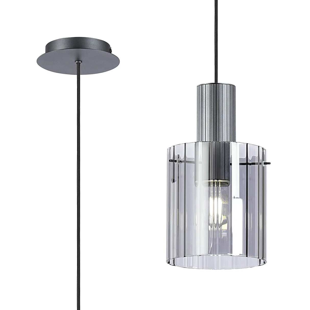 Aouchiche Single Pendant, 1 Light Adjustable E27, Dark Grey/Smoke Wide Line Glass