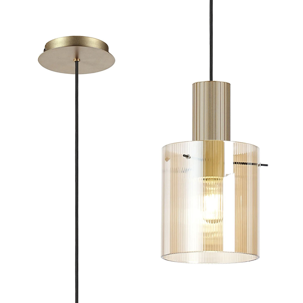 Aouchiche Single Pendant, 1 Light Adjustable E27, Light Gold/Amber Narrow Line Glass