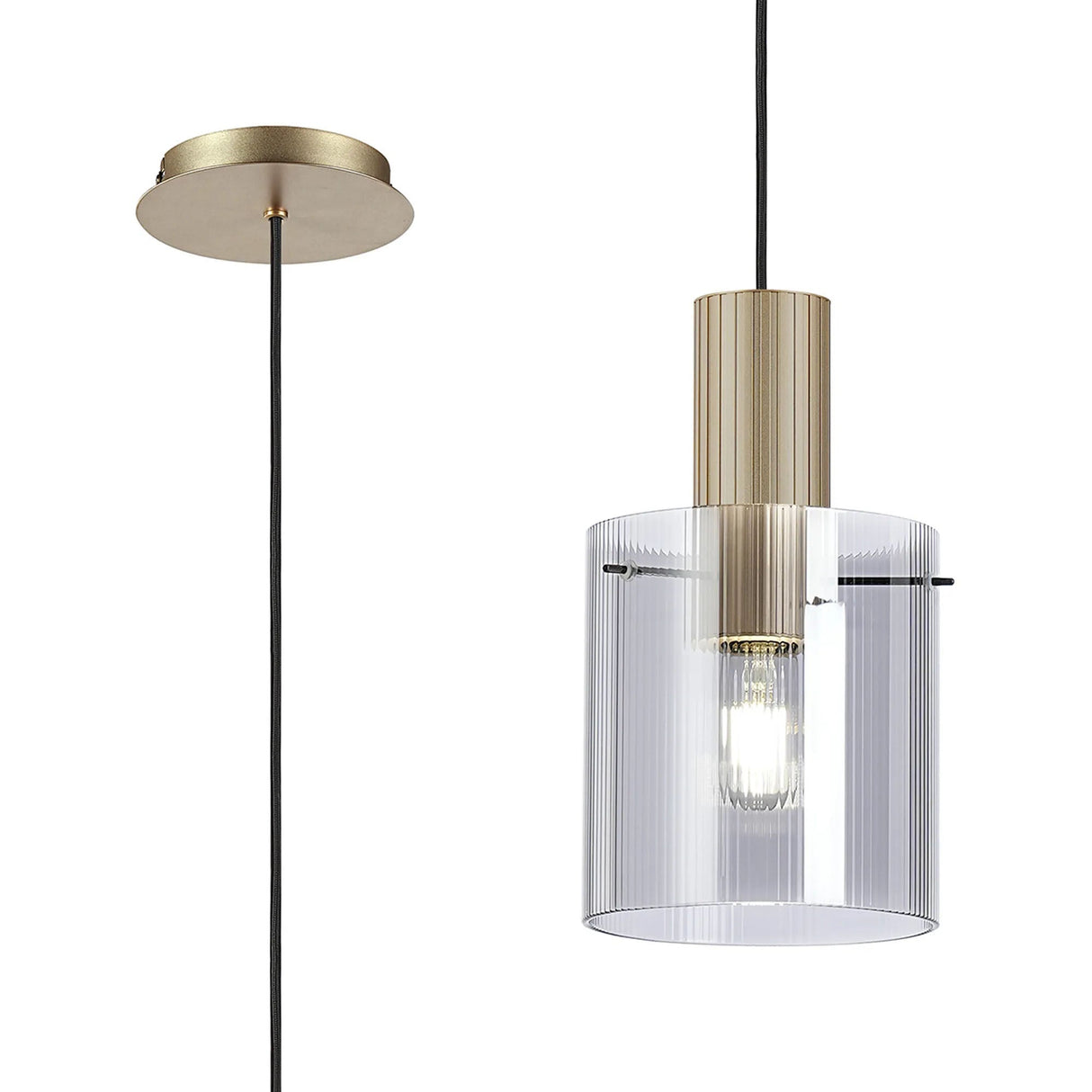 Aouchiche Single Pendant, 1 Light Adjustable E27, Light Gold/Smoke Narrow Line Glass
