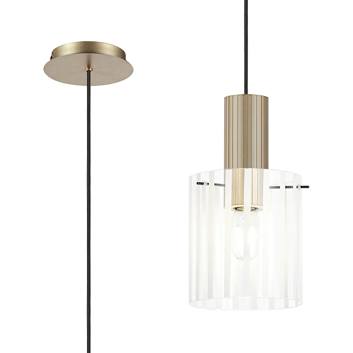 Aouchiche Single Pendant, 1 Light Adjustable E27, Light Gold/Frosted/Clear Wide Line Glass
