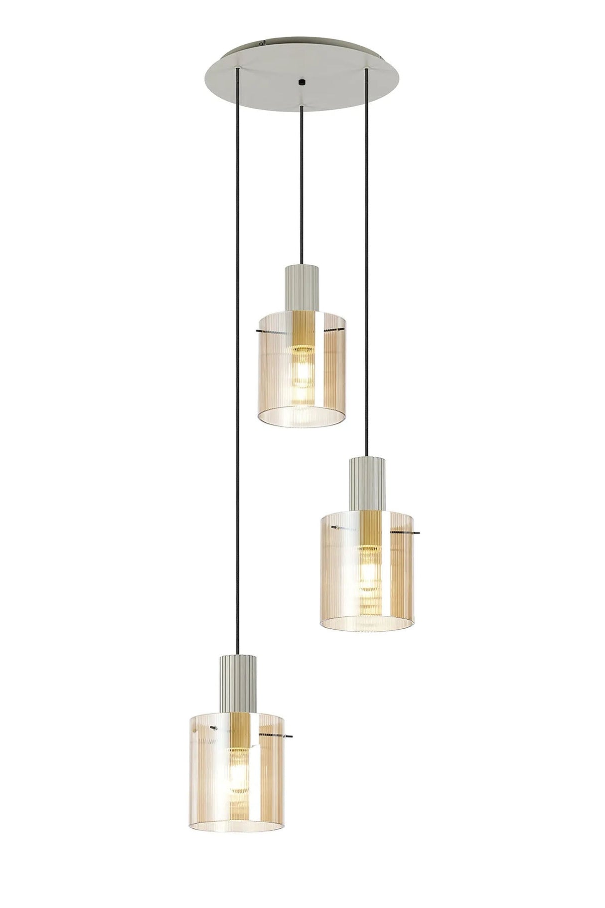 Aouchiche Round Pendant, 3 Light Adjustable E27, Beige Stone/Amber Narrow Line Glass