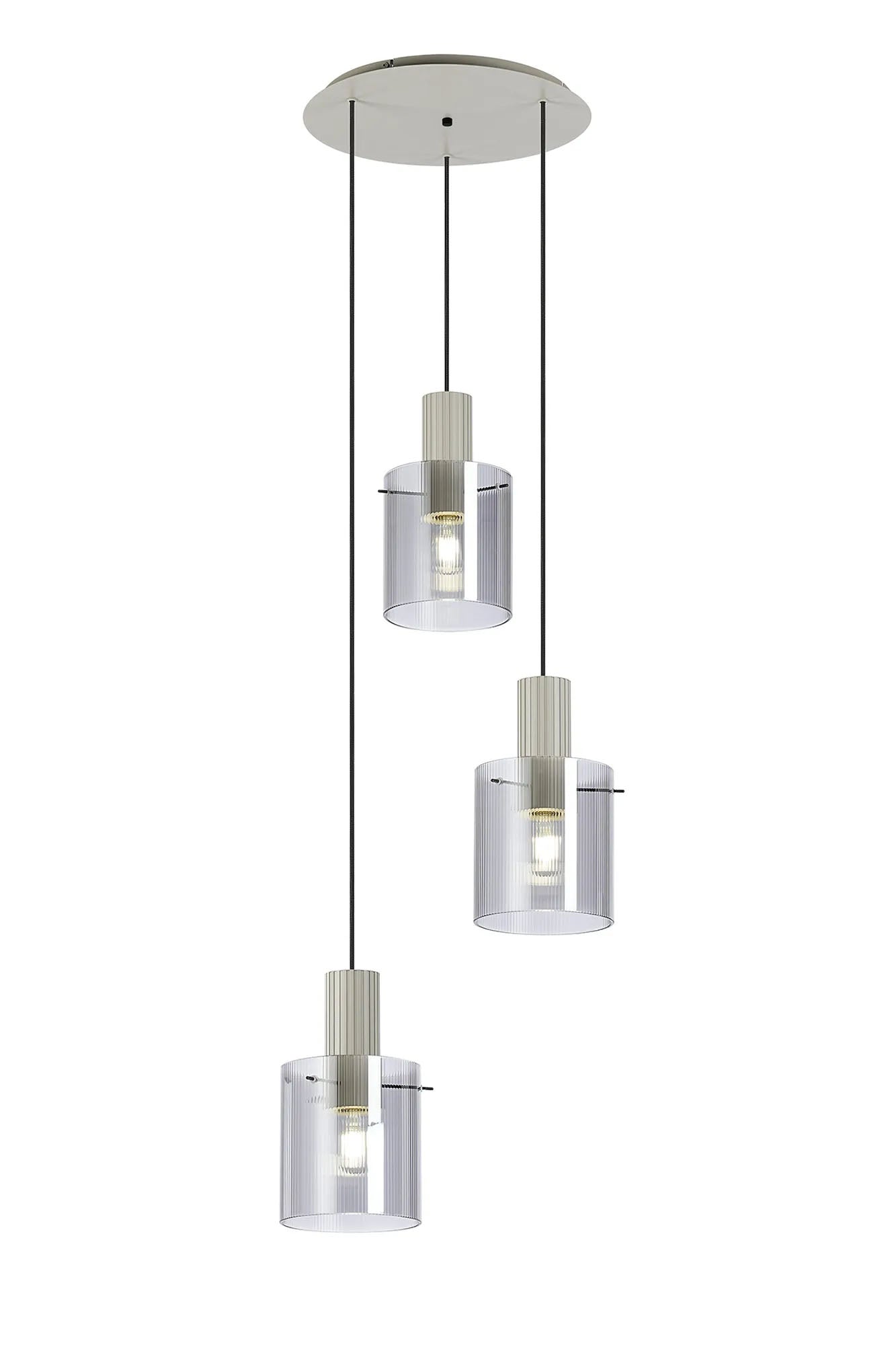 Aouchiche Round Pendant, 3 Light Adjustable E27, Beige Stone/Smoke Narrow Line Glass