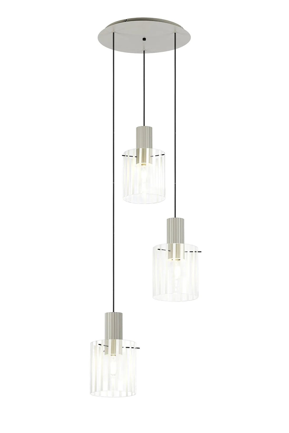 Aouchiche Round Pendant, 3 Light Adjustable E27, Beige Stone/Frosted/Clear Wide Line Glass