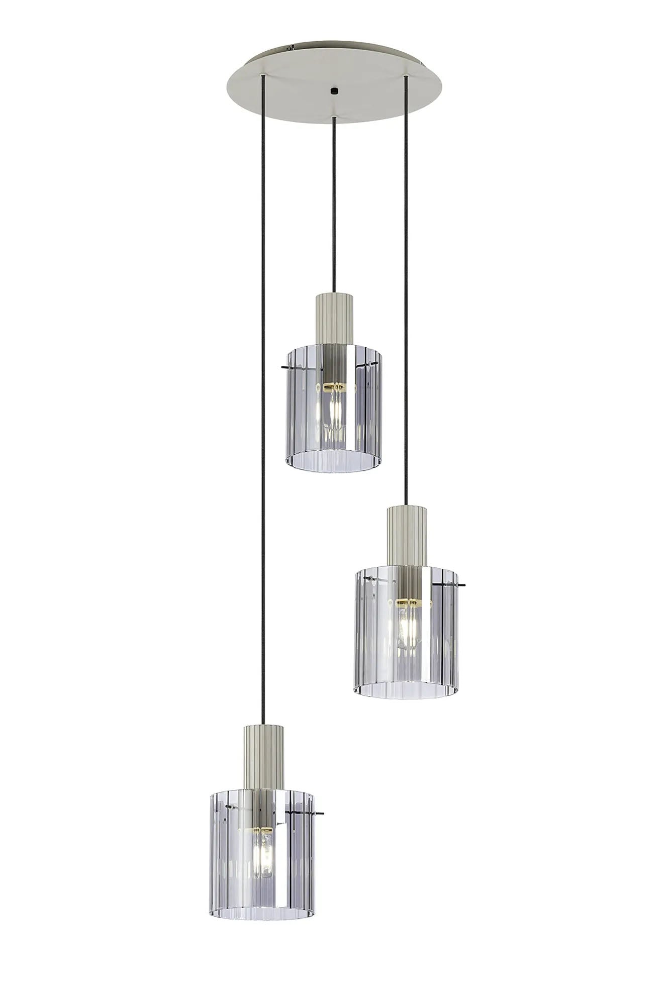 Aouchiche Round Pendant, 3 Light Adjustable E27, Beige Stone/Smoke Wide Line Glass