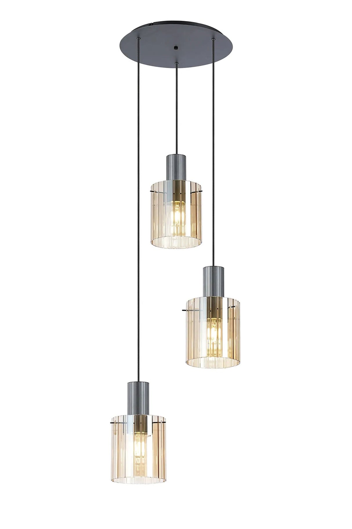 Aouchiche Round Pendant, 3 Light Adjustable E27, Dark Grey/Amber Wide Line Glass