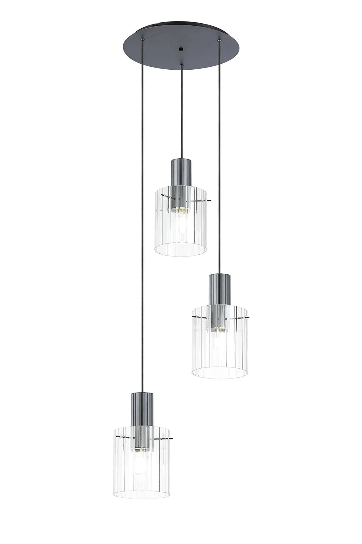Aouchiche Round Pendant, 3 Light Adjustable E27, Dark Grey/Clear Wide Line Glass