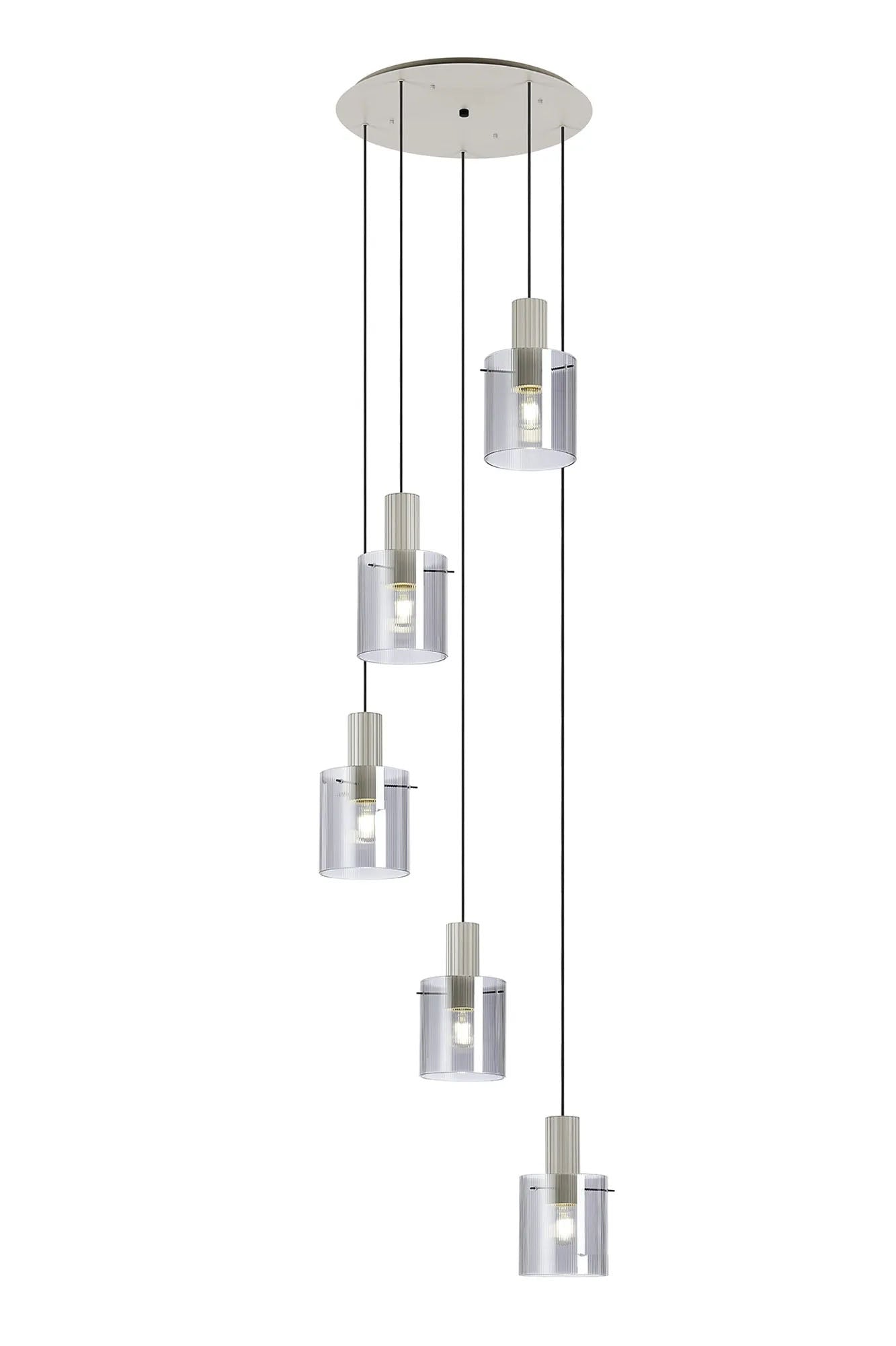 Aouchiche Round Pendant, 5 Light Adjustable E27, Beige Stone/Smoke Narrow Line Glass