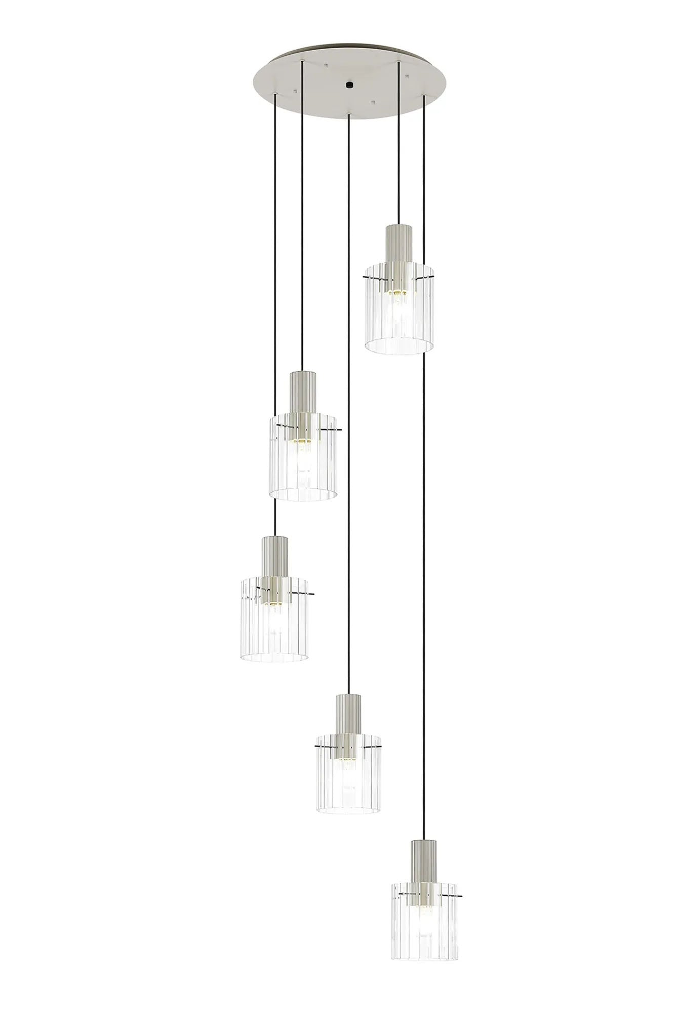 Aouchiche Round Pendant, 5 Light Adjustable E27, Beige Stone/Clear Wide Line Glass