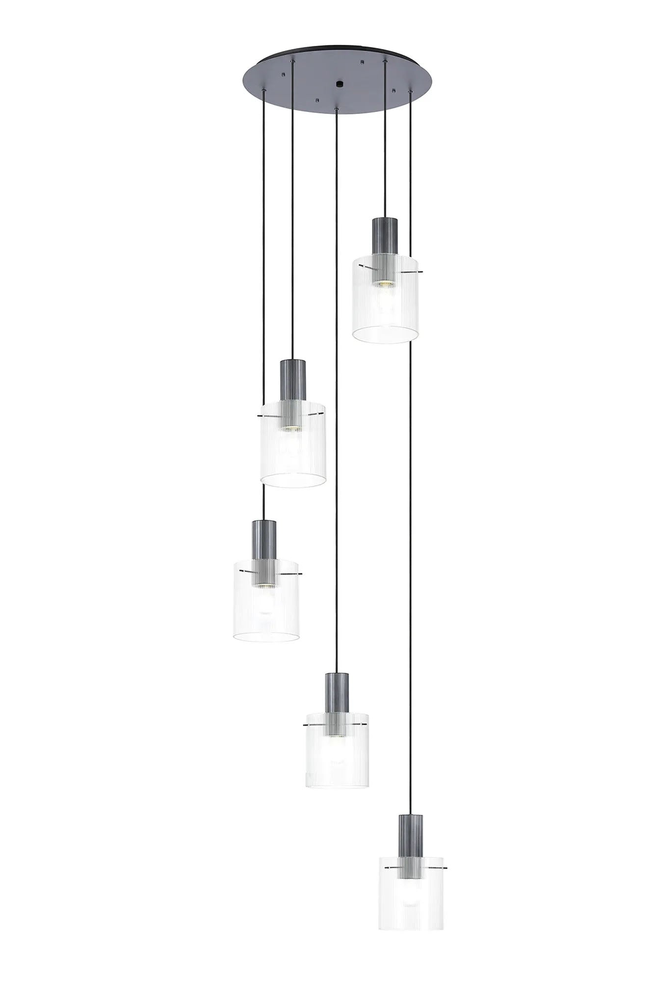 Aouchiche Round Pendant, 5 Light Adjustable E27, Dark Grey/Clear Narrow Line Glass
