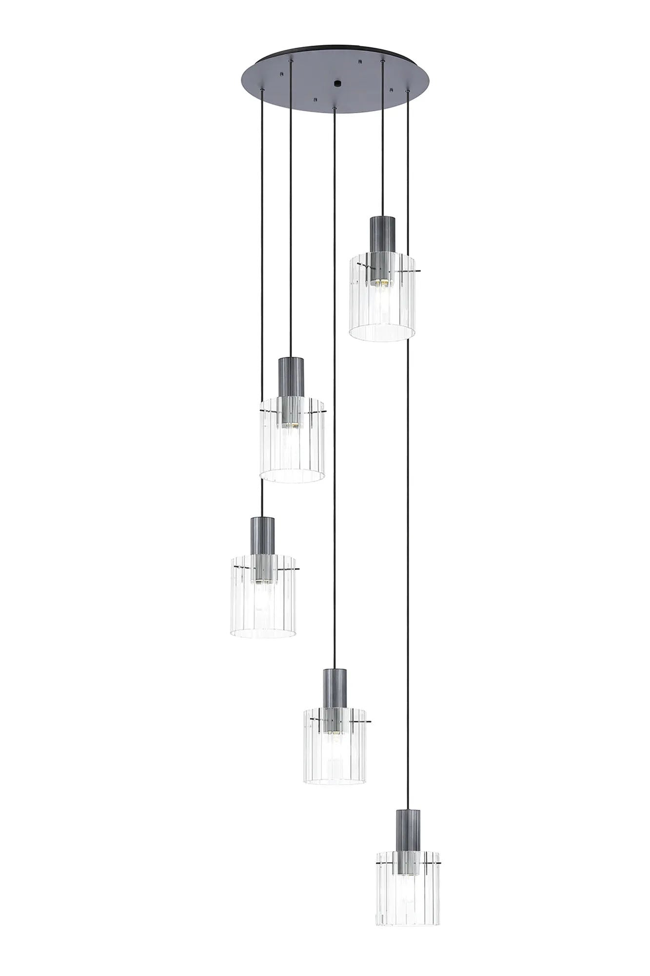 Aouchiche Round Pendant, 5 Light Adjustable E27, Dark Grey/Clear Wide Line Glass