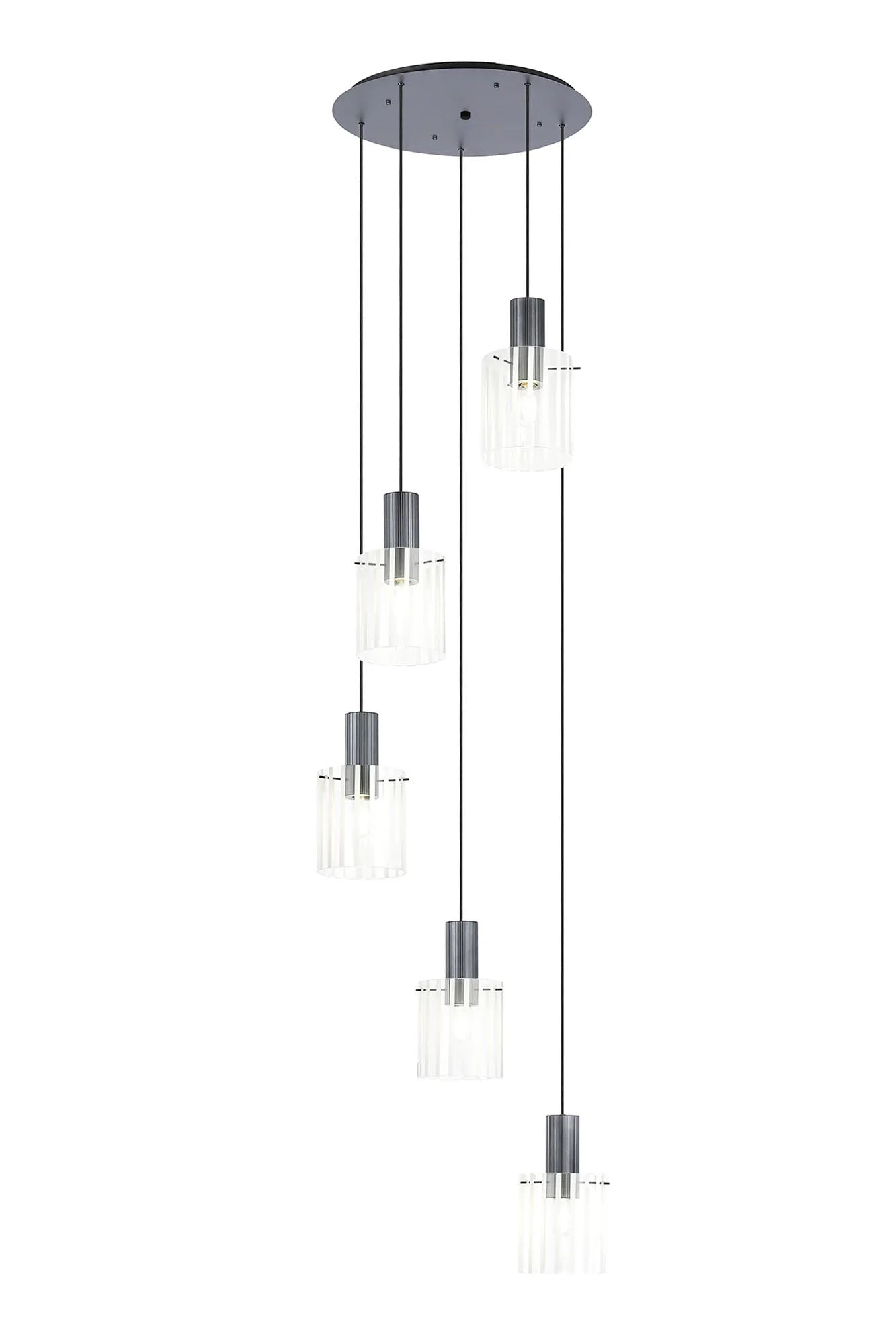 Aouchiche Round Pendant, 5 Light Adjustable E27, Dark Grey/Frosted/Clear Wide Line Glass