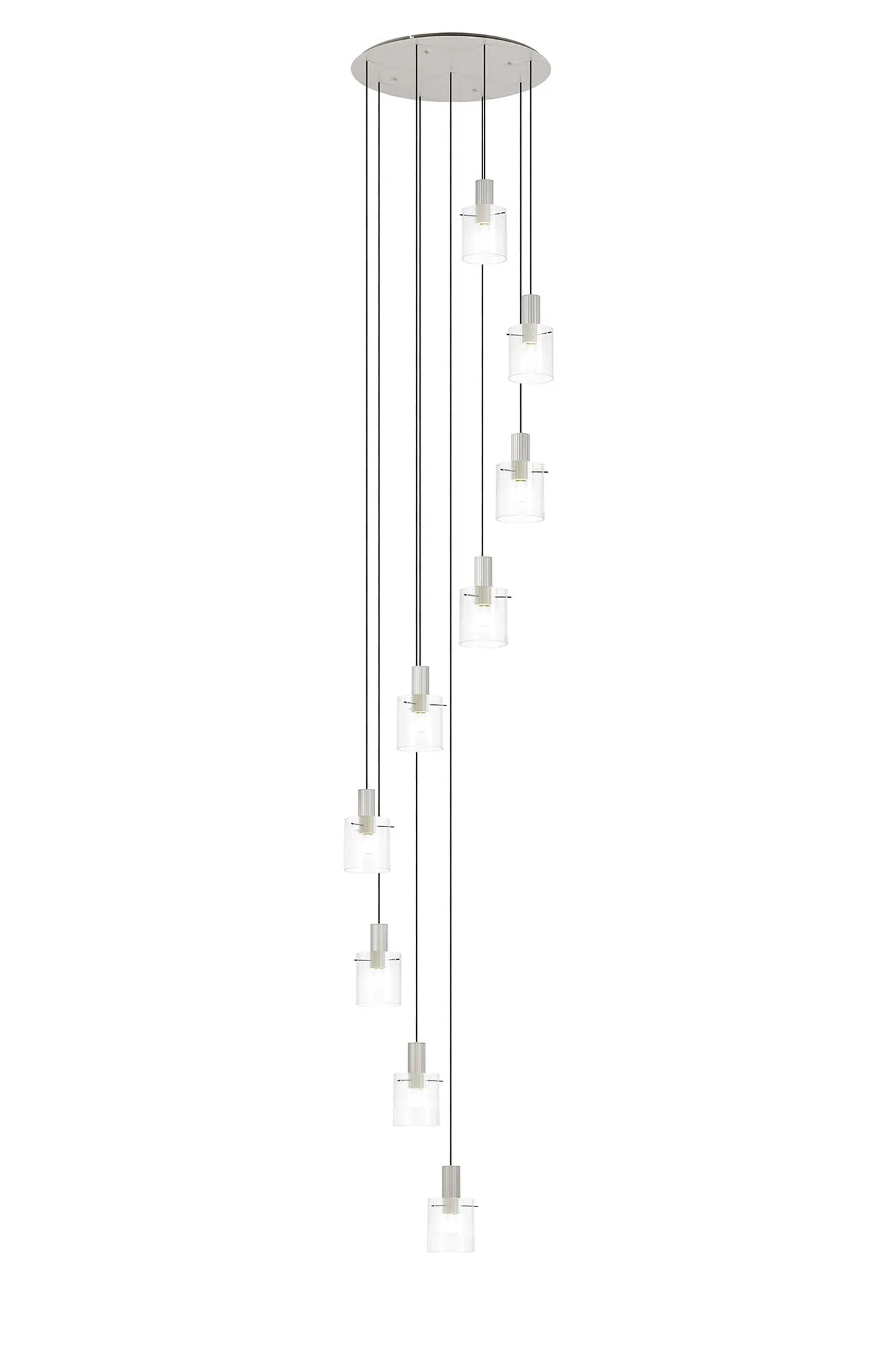 Aouchiche Round Pendant, 9 Light Adjustable E27, Beige Stone/Clear Narrow Line Glass