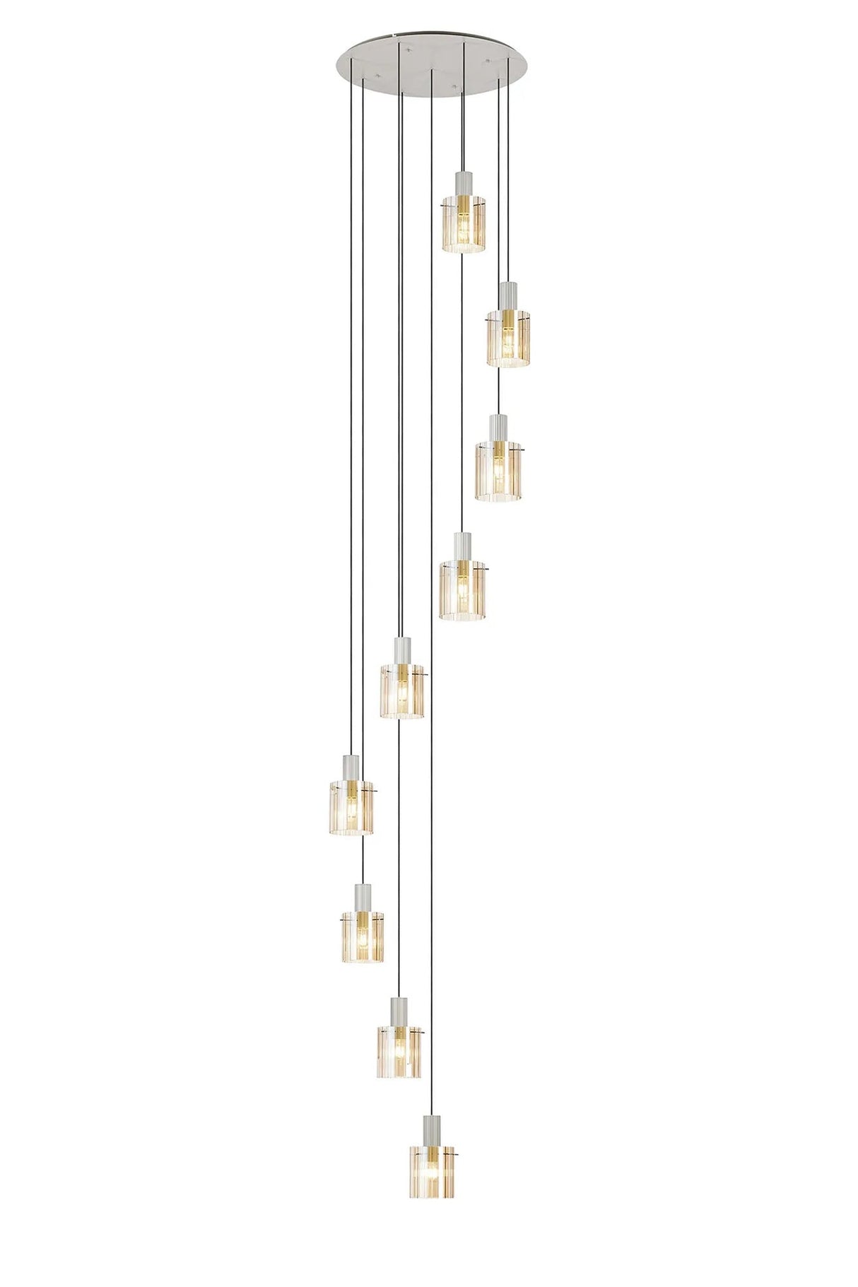 Aouchiche Round Pendant, 9 Light Adjustable E27, Beige Stone/Amber Wide Line Glass