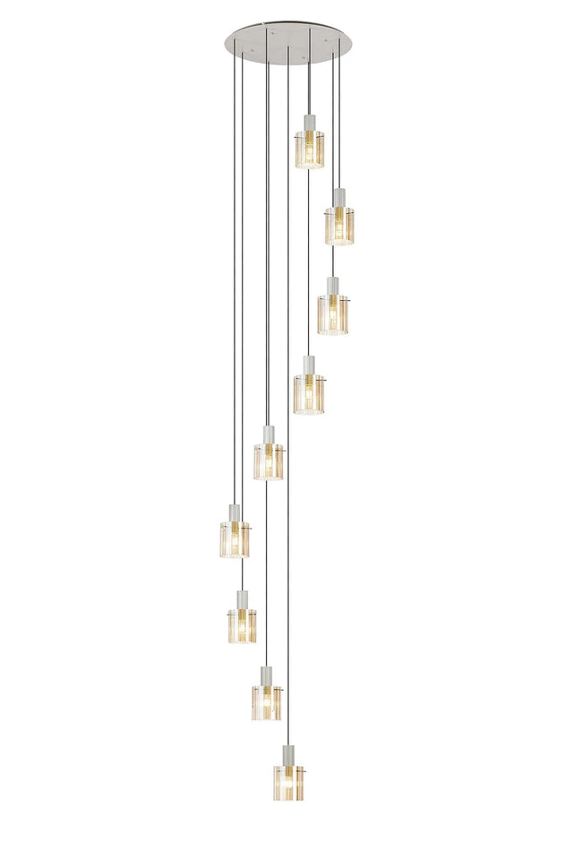 Aouchiche Round Pendant, 9 Light Adjustable E27, Beige Stone/Amber Wide Line Glass