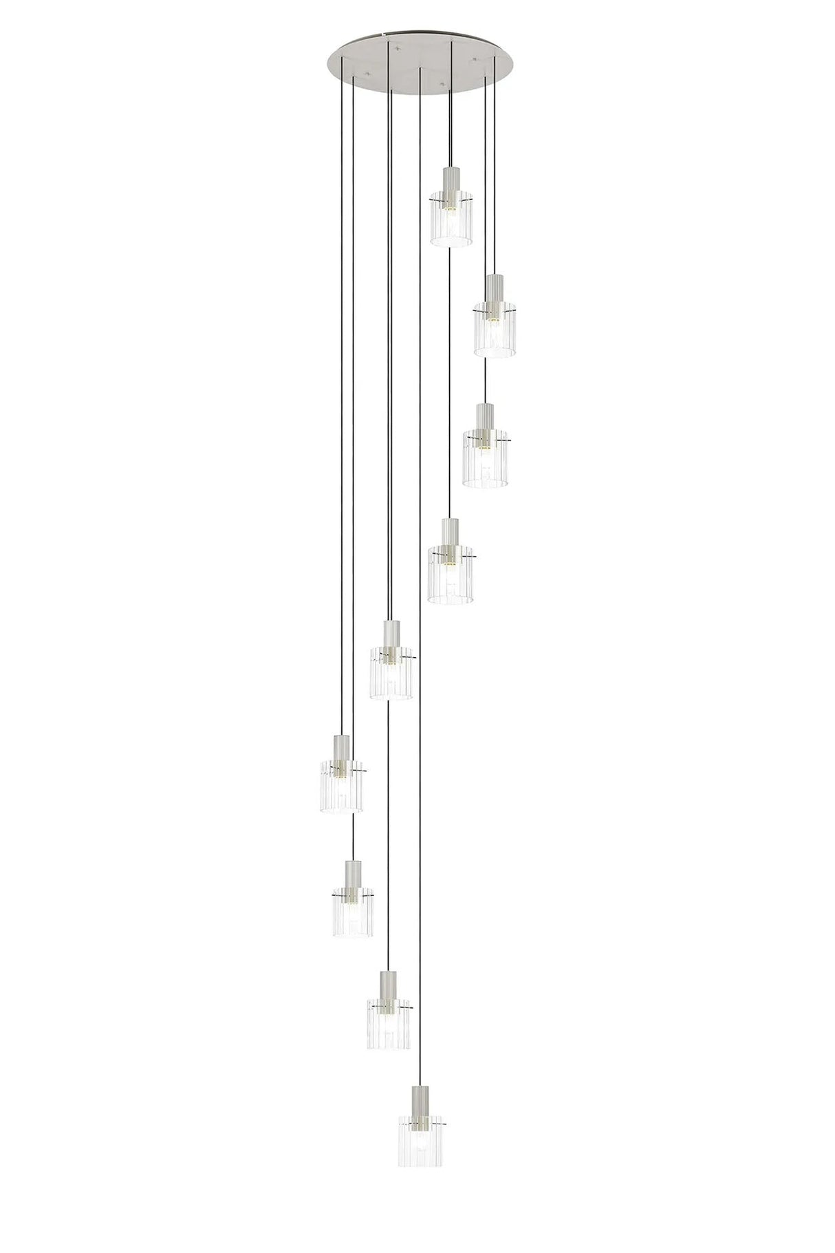 Aouchiche Round Pendant, 9 Light Adjustable E27, Beige Stone/Clear Wide Line Glass