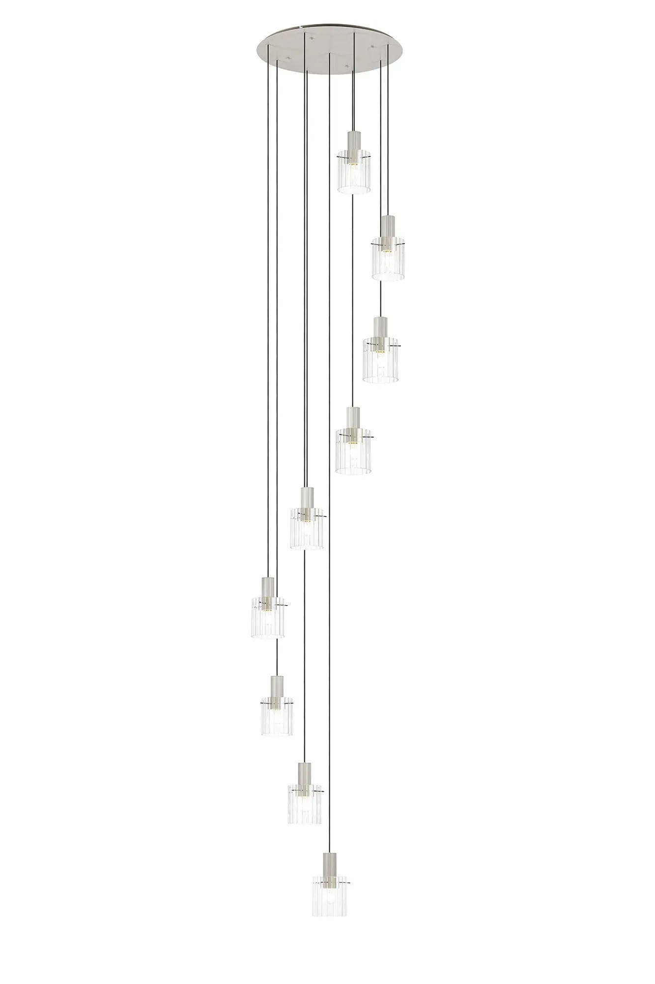 Aouchiche Round Pendant, 9 Light Adjustable E27, Beige Stone/Clear Wide Line Glass