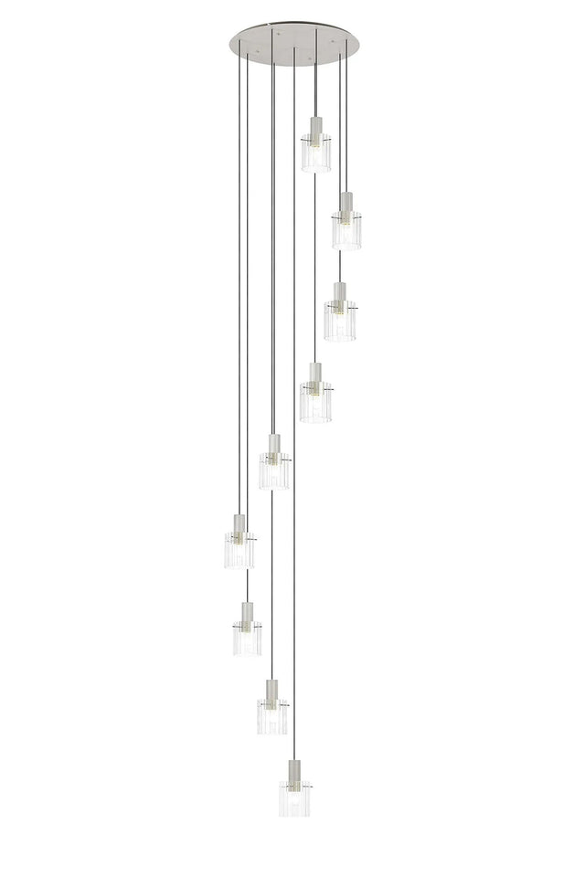 Aouchiche Round Pendant, 9 Light Adjustable E27, Beige Stone/Clear Wide Line Glass