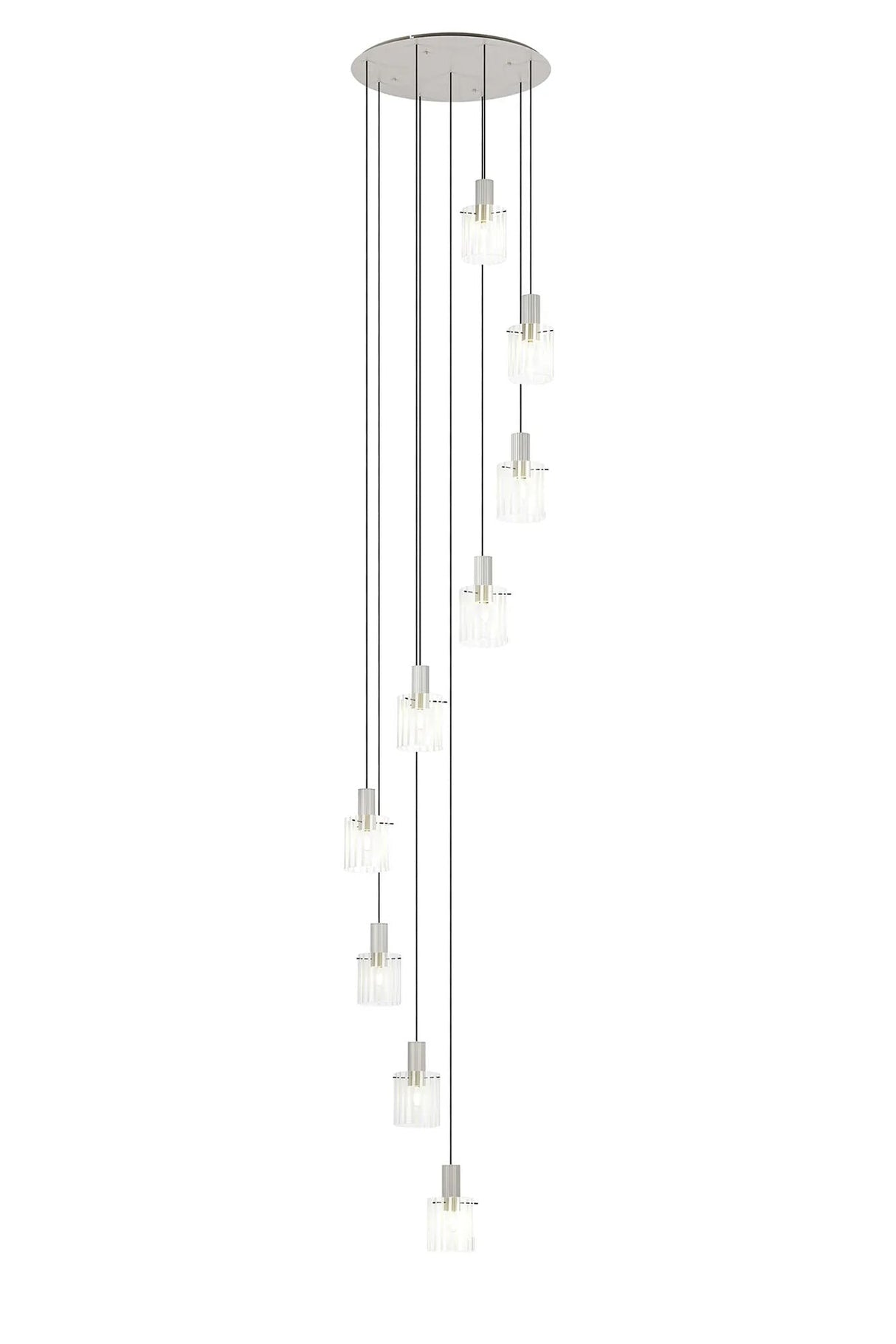 Aouchiche Round Pendant, 9 Light Adjustable E27, Beige Stone/Frosted/Clear Wide Line Glass