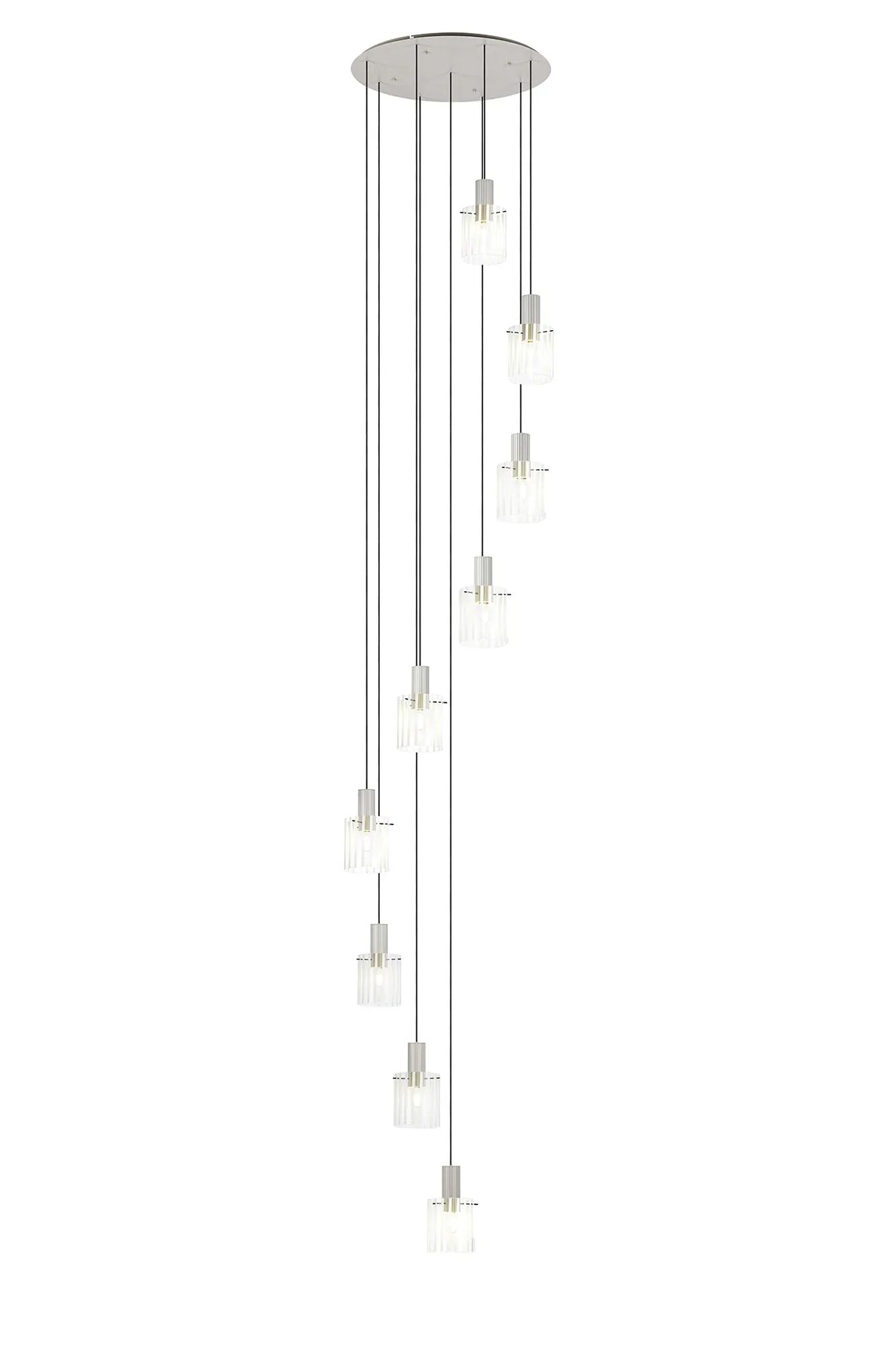 Aouchiche Round Pendant, 9 Light Adjustable E27, Beige Stone/Frosted/Clear Wide Line Glass