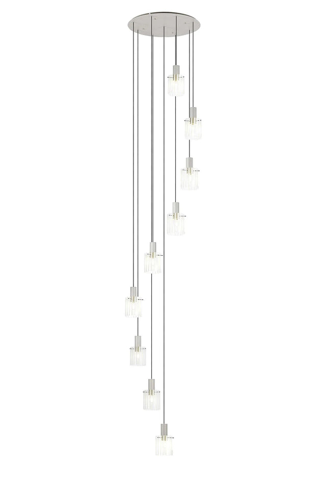 Aouchiche Round Pendant, 9 Light Adjustable E27, Beige Stone/Frosted/Clear Wide Line Glass