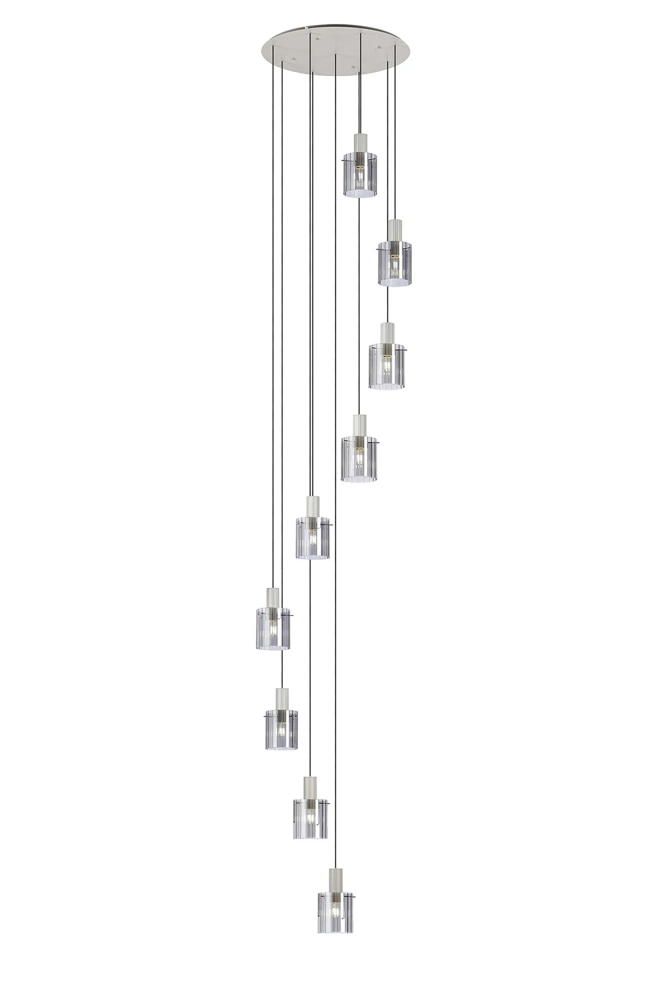 Aouchiche Round Pendant, 9 Light Adjustable E27, Beige Stone/Smoke Wide Line Glass