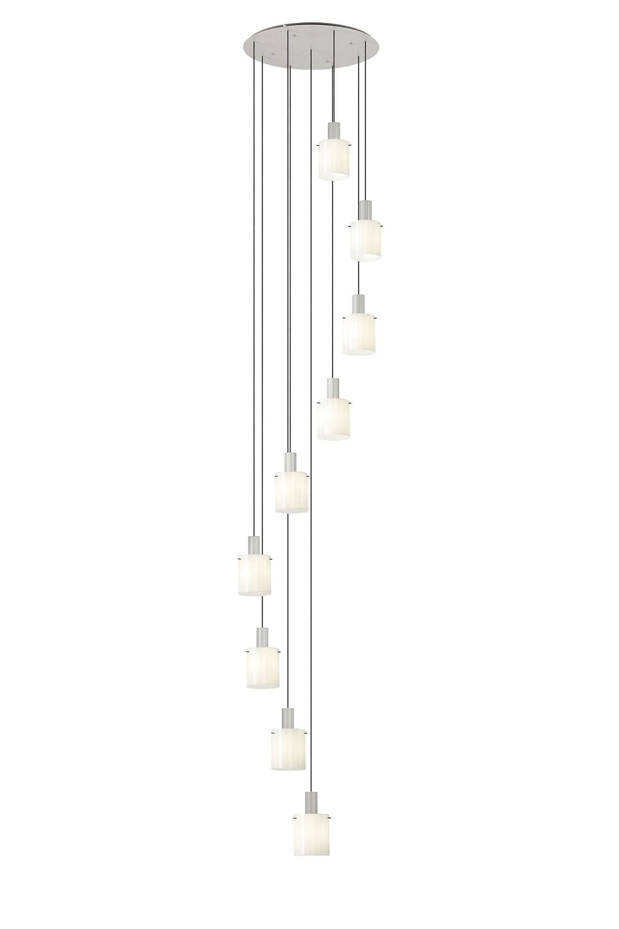 Aouchiche Round Pendant, 9 Light Adjustable E27, Beige Stone/Gloss White Wide Line Glass