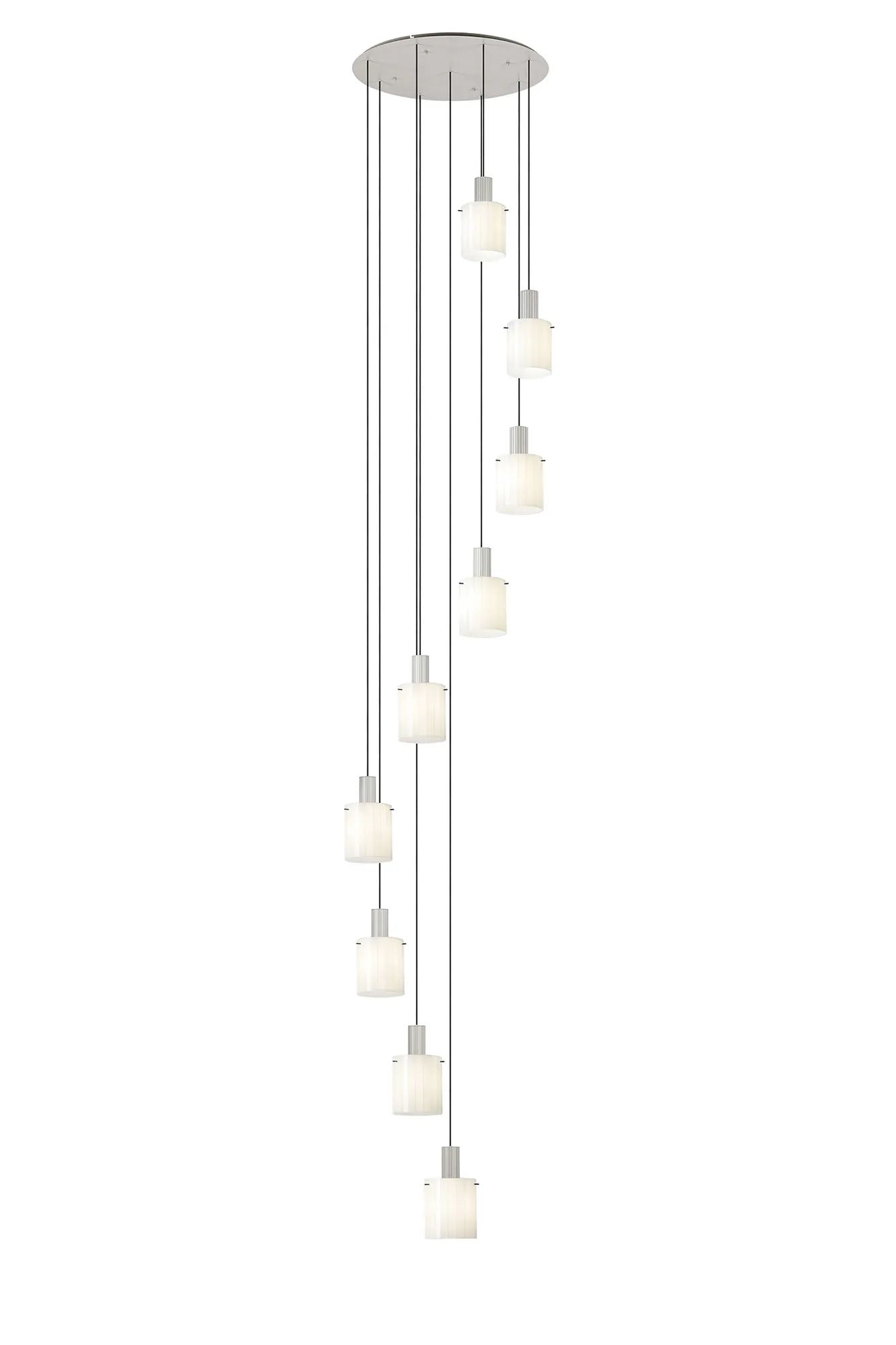 Aouchiche Round Pendant, 9 Light Adjustable E27, Beige Stone/Gloss White Wide Line Glass