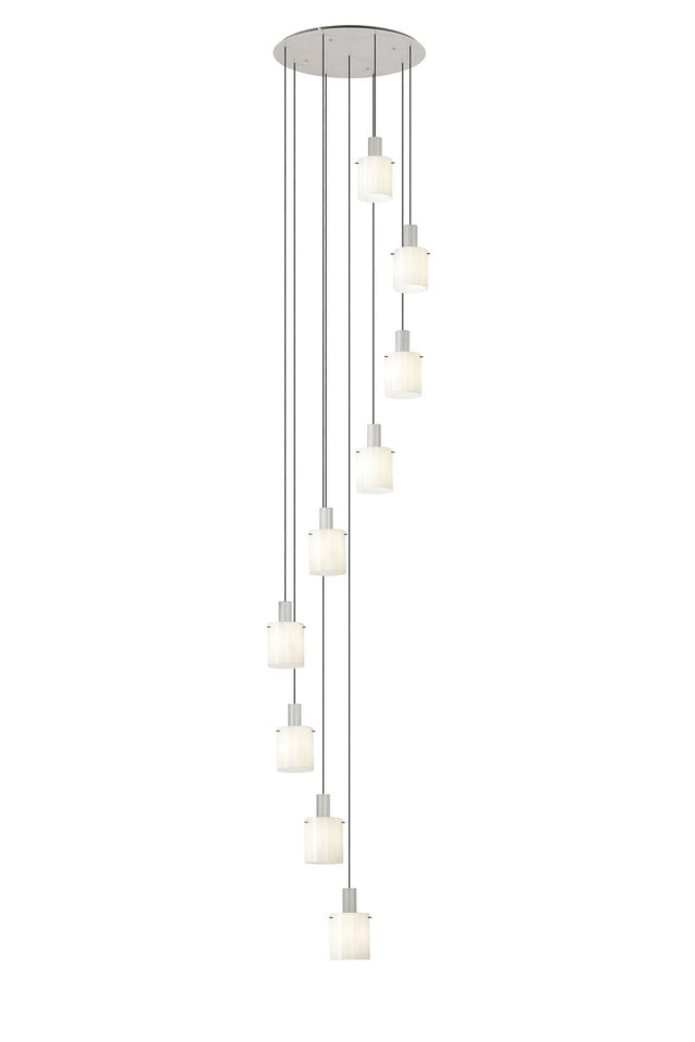 Aouchiche Round Pendant, 9 Light Adjustable E27, Beige Stone/Gloss White Wide Line Glass