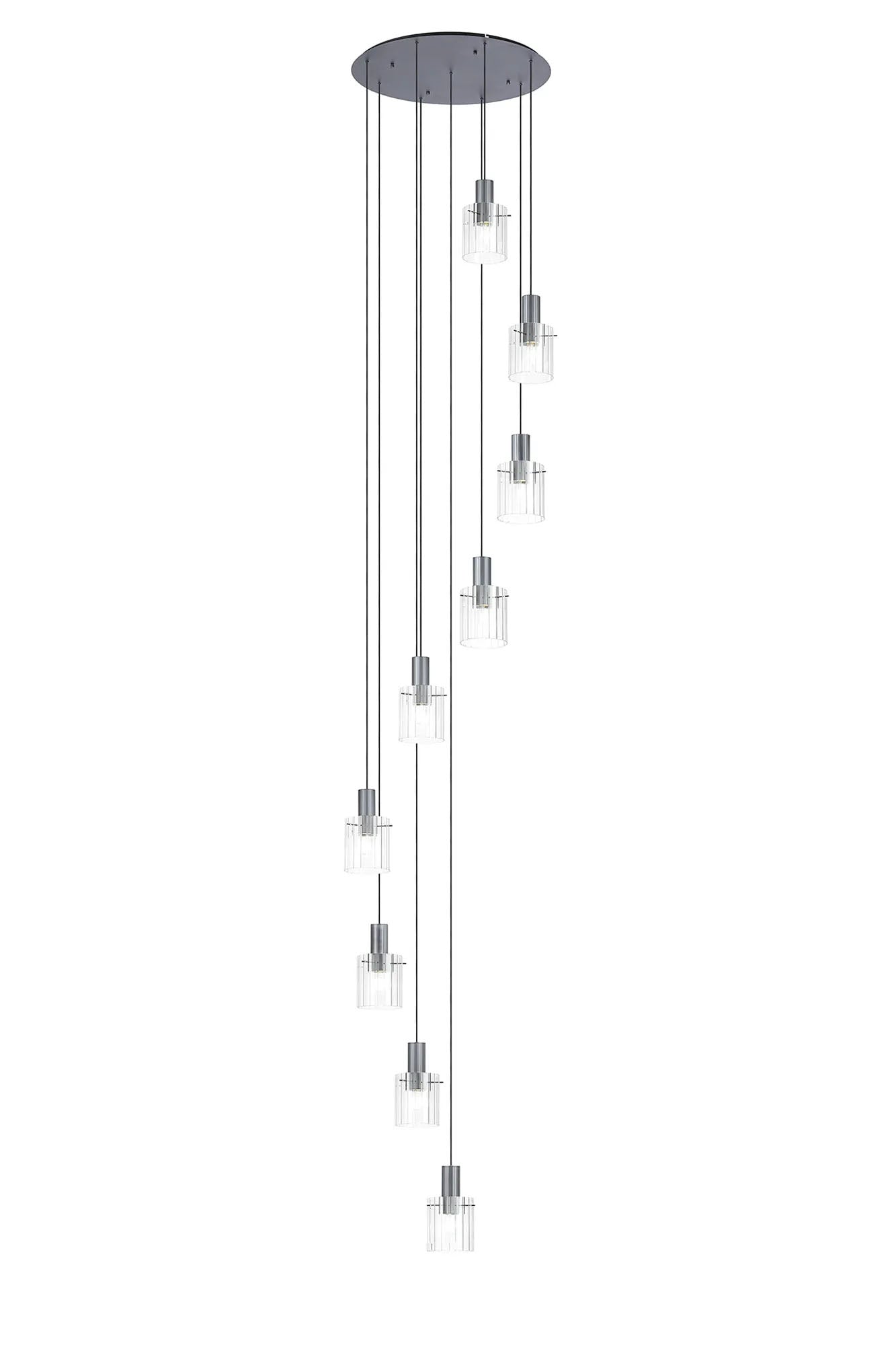 Aouchiche Round Pendant, 9 Light Adjustable E27, Dark Grey/Clear Wide Line Glass