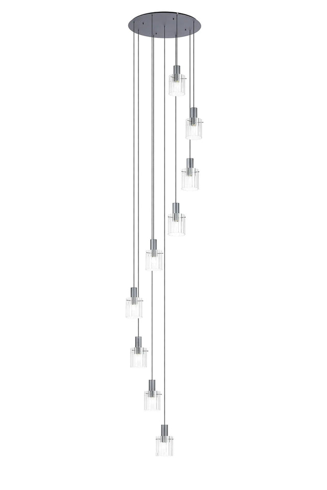Aouchiche Round Pendant, 9 Light Adjustable E27, Dark Grey/Clear Wide Line Glass
