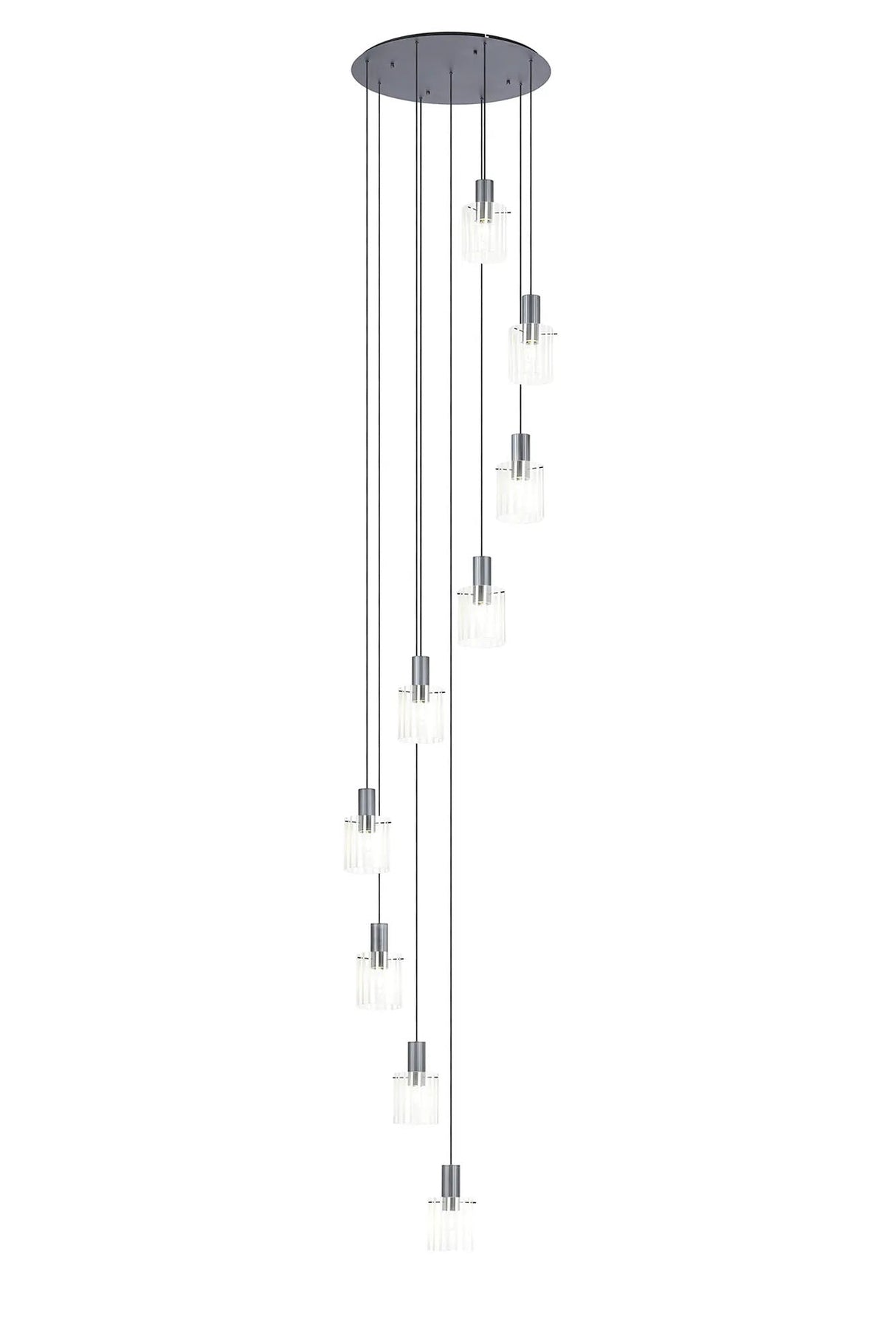 Aouchiche Round Pendant, 9 Light Adjustable E27, Dark Grey/Frosted/Clear Wide Line Glass