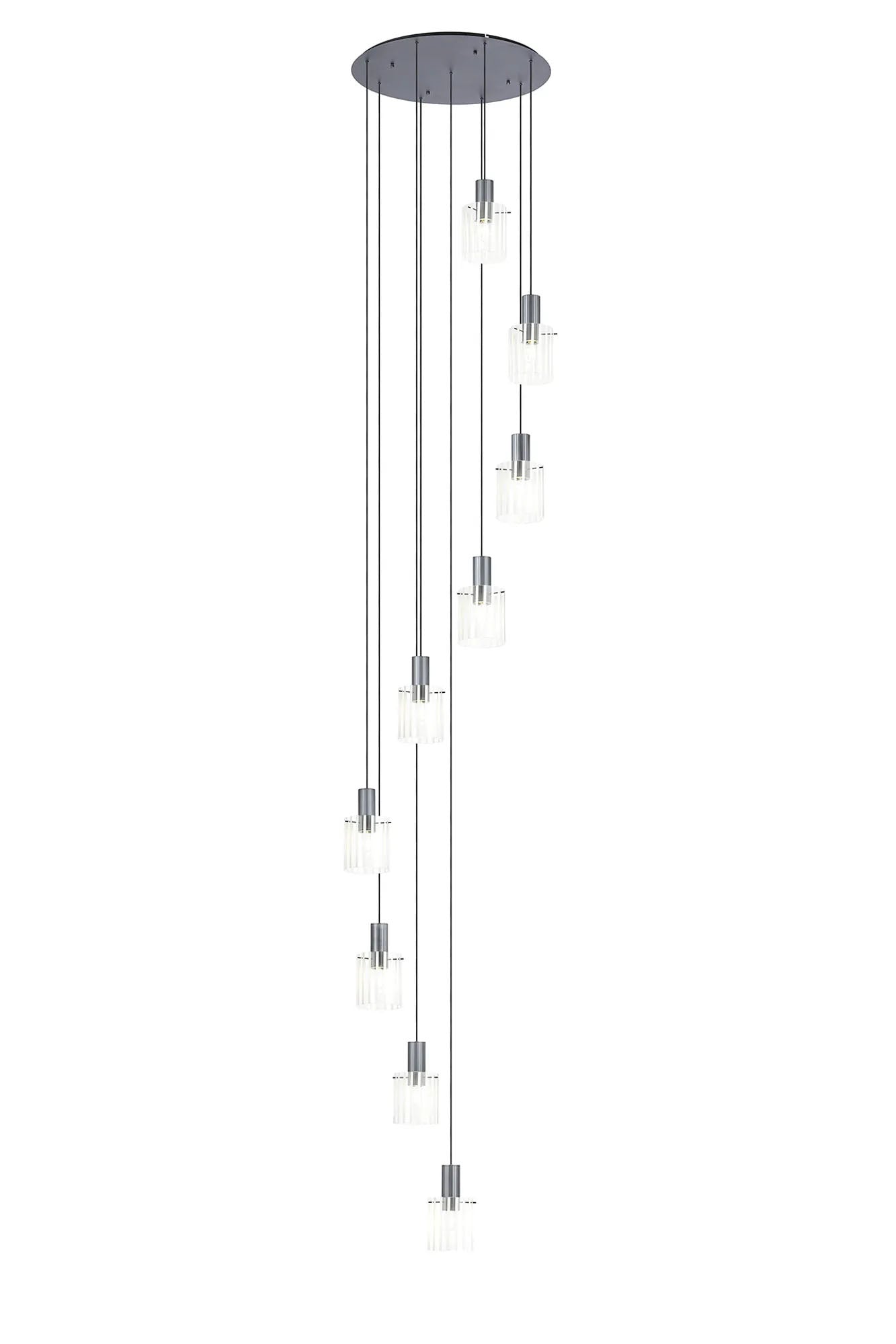 Aouchiche Round Pendant, 9 Light Adjustable E27, Dark Grey/Frosted/Clear Wide Line Glass