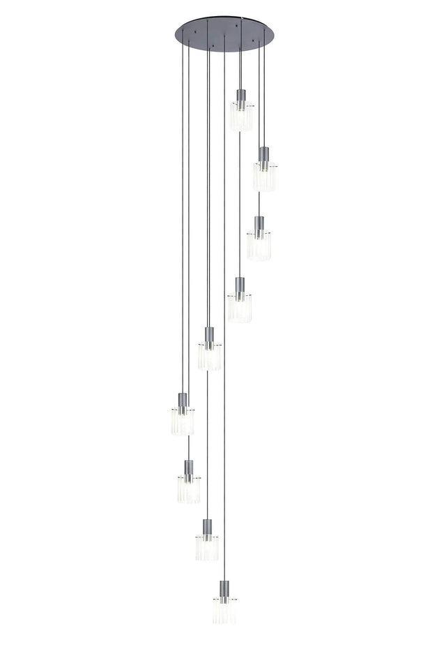 Aouchiche Round Pendant, 9 Light Adjustable E27, Dark Grey/Frosted/Clear Wide Line Glass