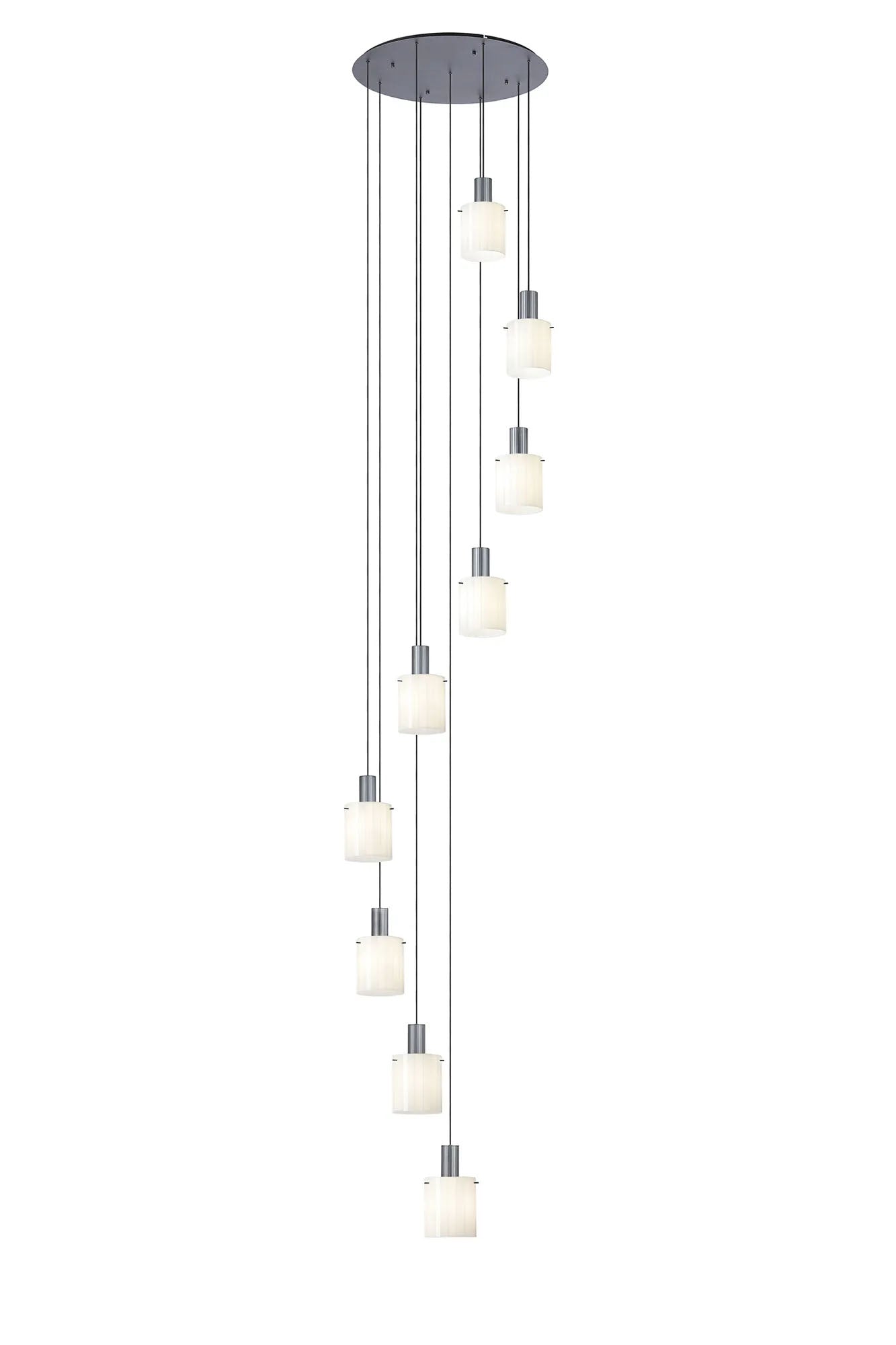 Aouchiche Round Pendant, 9 Light Adjustable E27, Dark Grey/Gloss White Wide Line Glass