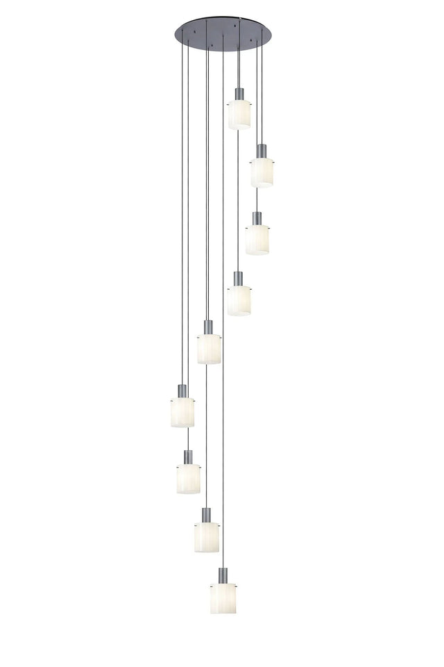 Aouchiche Round Pendant, 9 Light Adjustable E27, Dark Grey/Gloss White Wide Line Glass