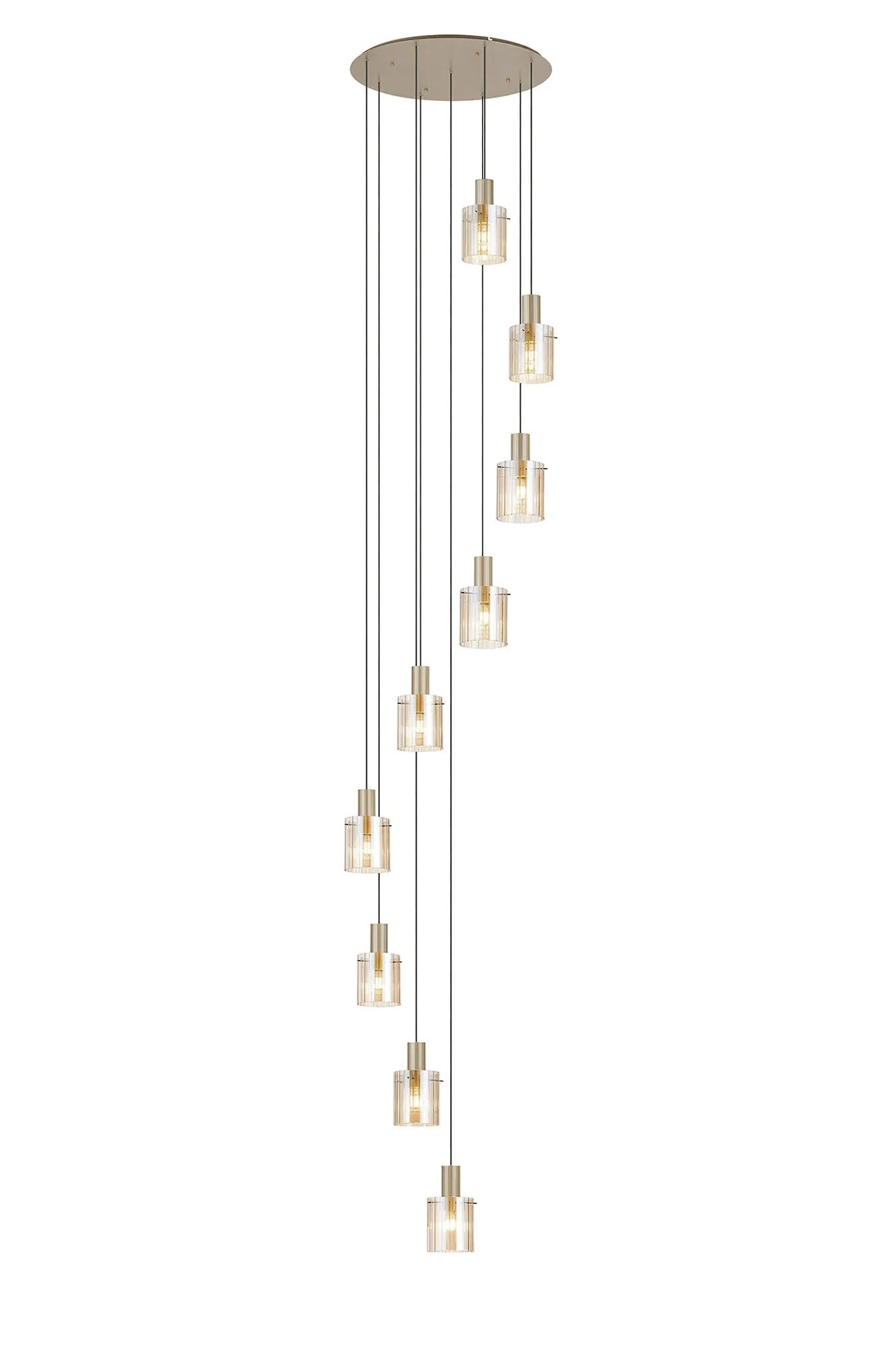 Aouchiche Round Pendant, 9 Light Adjustable E27, Light Gold/Amber Wide Line Glass